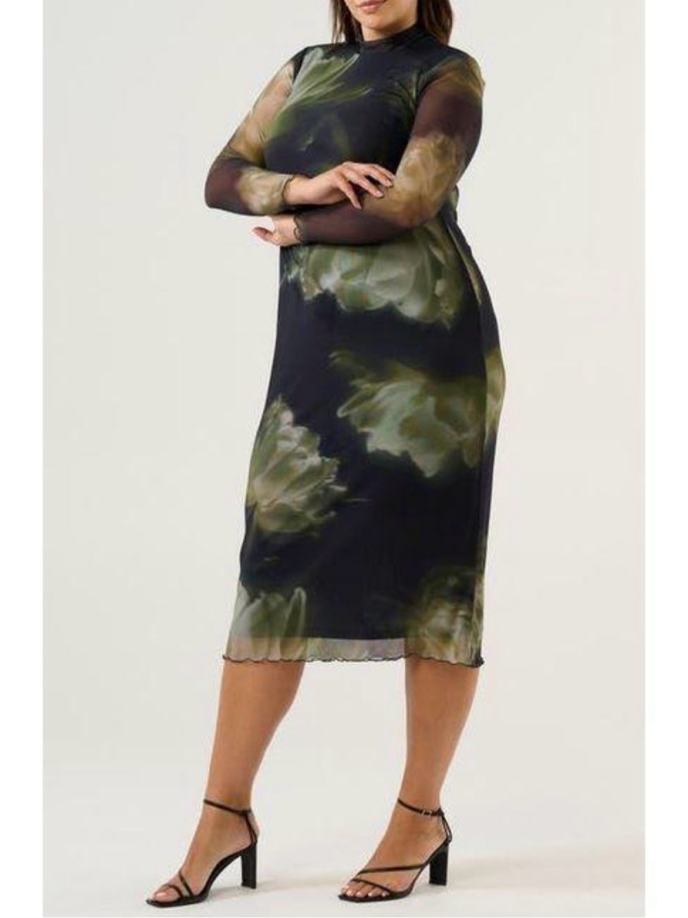 NWT Estelle Peace Lily Mesh Maxi Dress Black Moss Floral 1X 16W $189